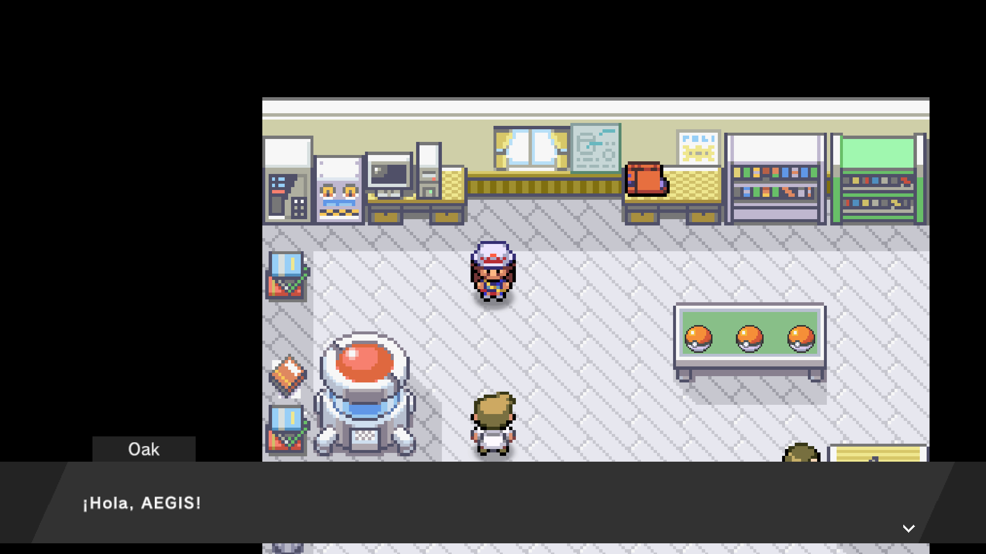 Professor Oak greeting the player by name inside the lab