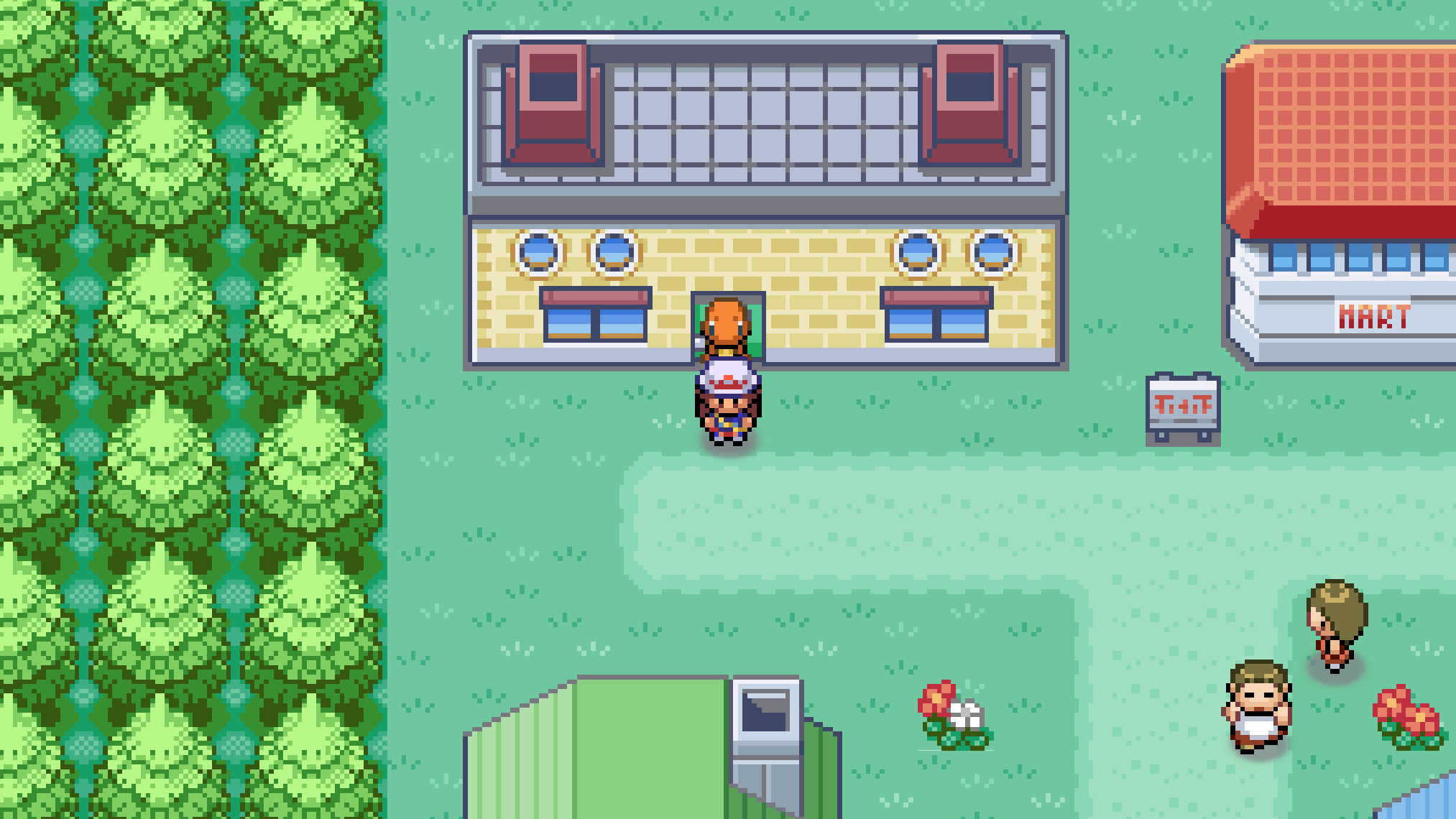 The player character in the village overworld after leaving the lab