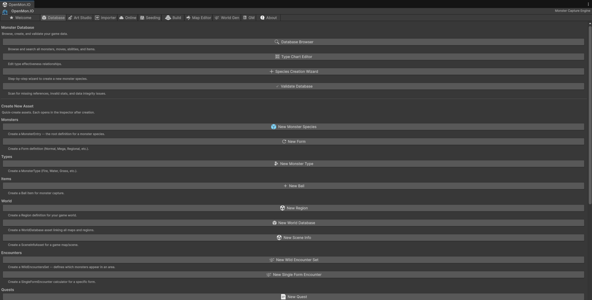 OpenMon Hub Database tab listing the database browser, type chart editor, species wizard, validator, and create-new-asset buttons for monsters, types, items, world, encounters, quests and weather
