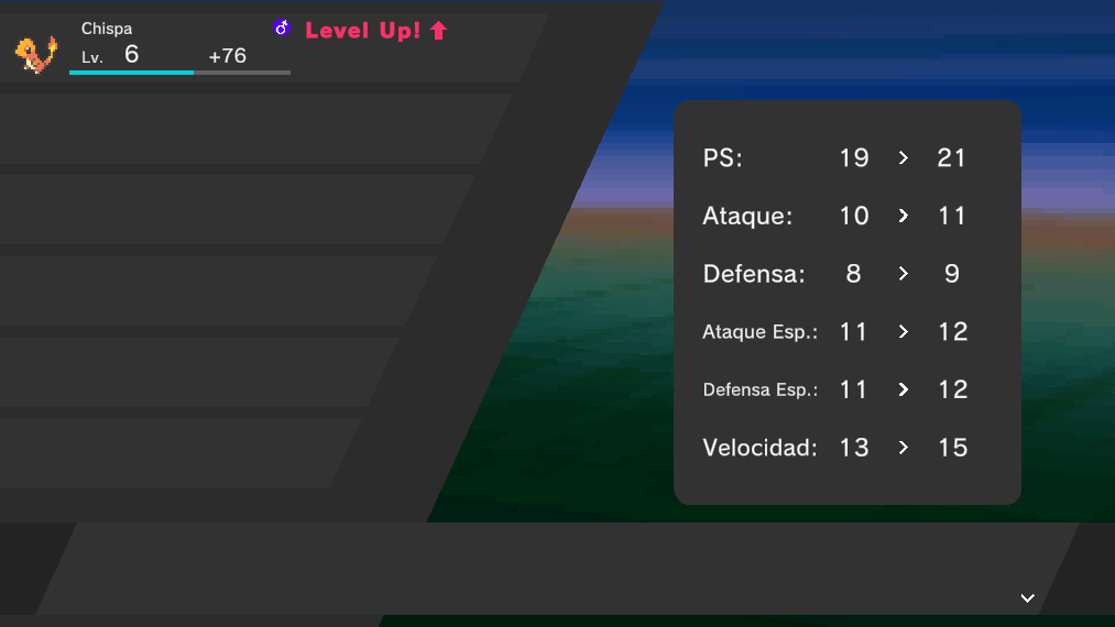 Level up panel showing every stat increasing after the battle