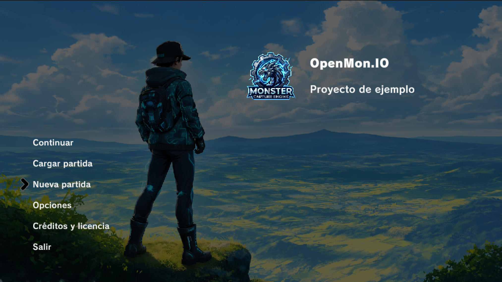OpenMon main menu with Continue, Load, New Game, Options, Credits and Exit