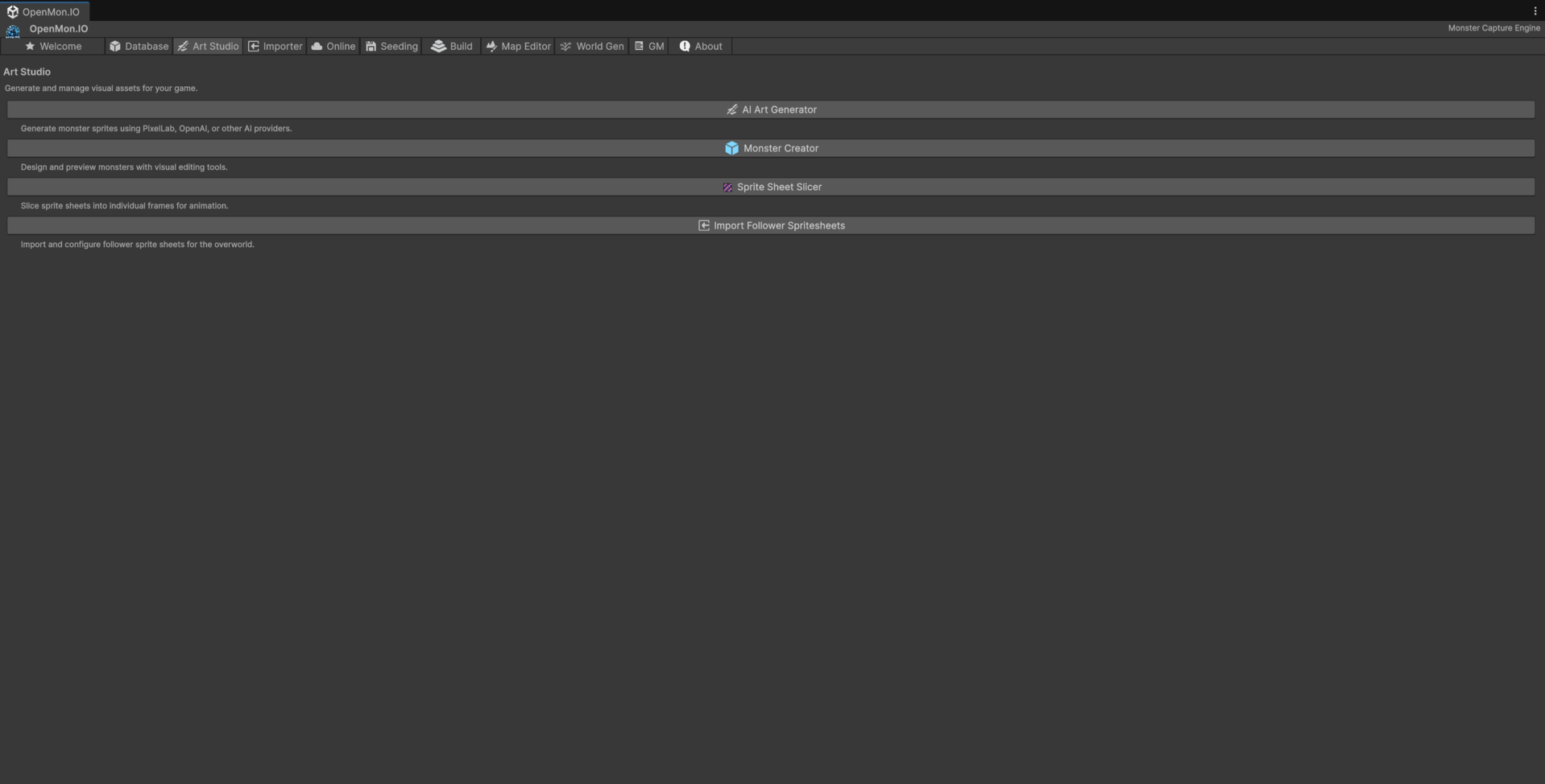 OpenMon Hub Art Studio tab with AI Art Generator, Monster Creator, Sprite Sheet Slicer and Import Follower Spritesheets