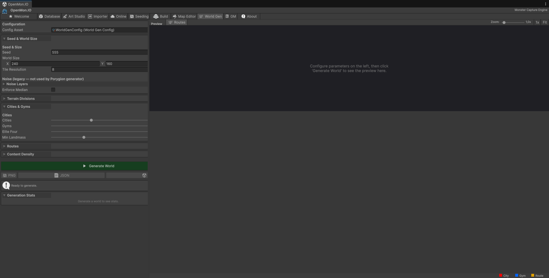 OpenMon Hub World Gen tab with seed and world size, terrain divisions, cities and gyms sliders, and a preview pane