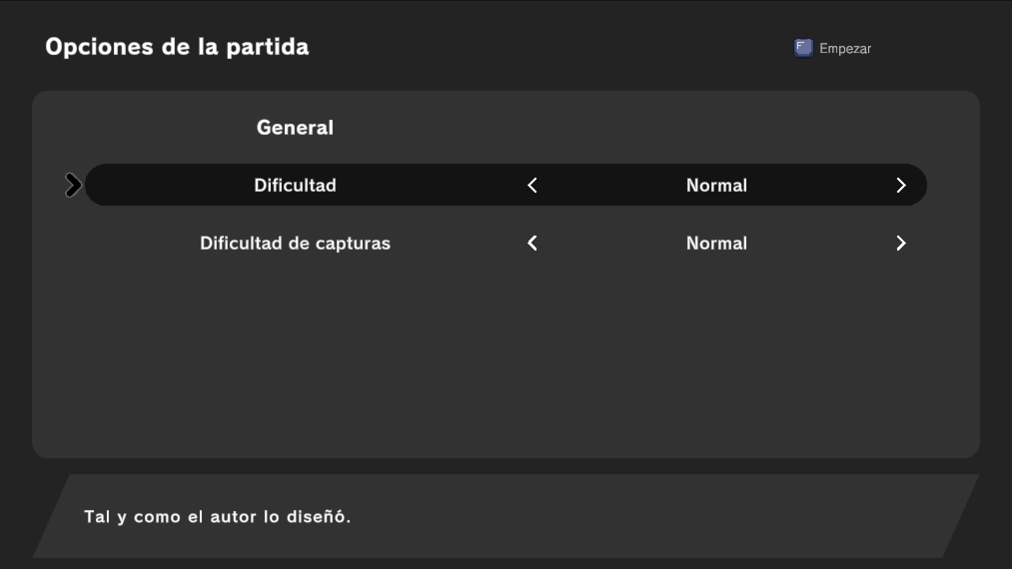 Game start options showing difficulty and capture-difficulty selectors