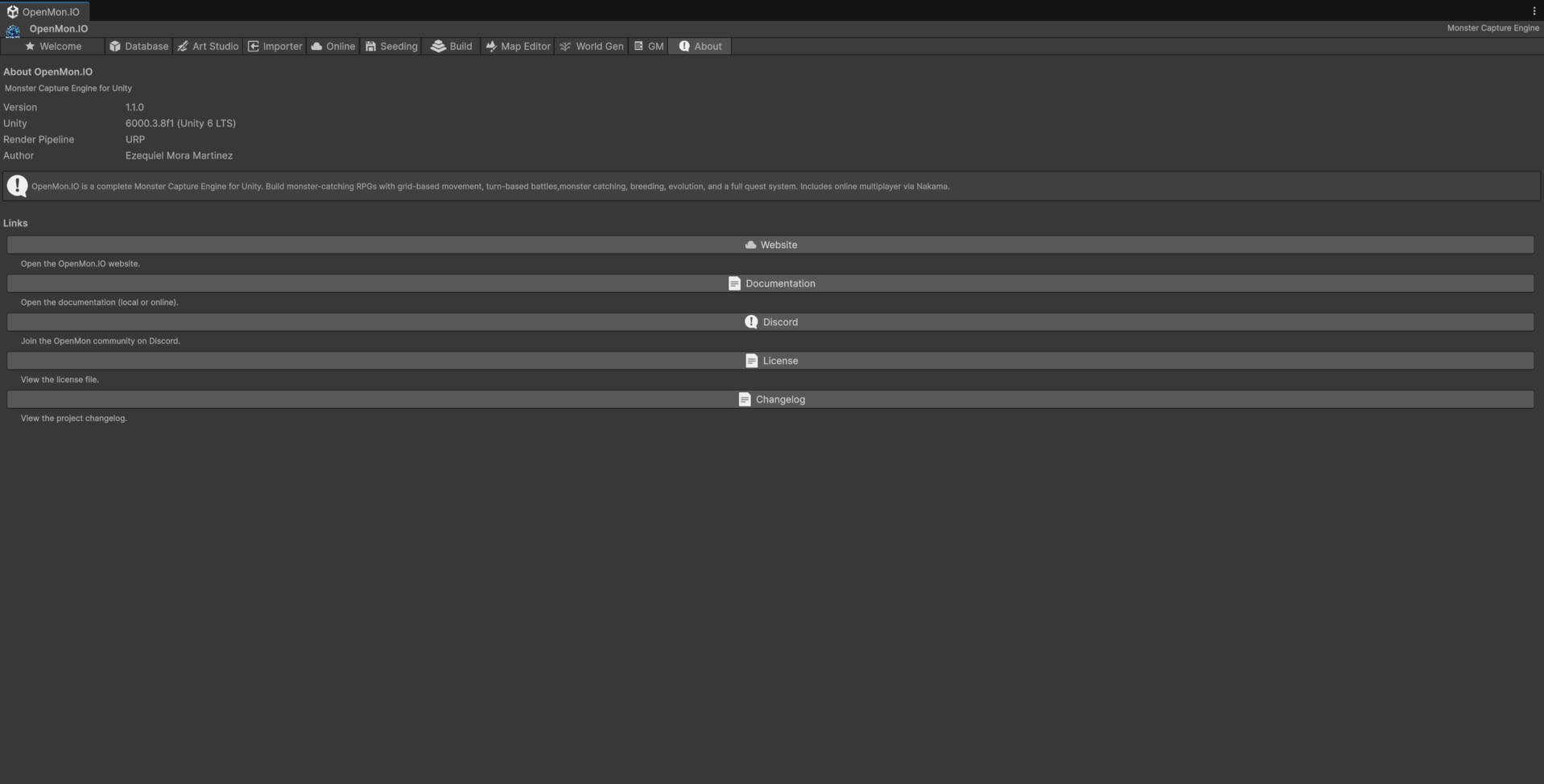 OpenMon Hub About tab showing version 1.1.0, Unity 6000.3.8f1, URP, and links to the website, documentation, Discord, licence and changelog
