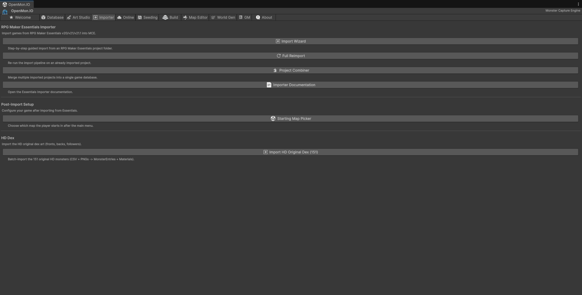 OpenMon Hub Importer tab with Import Wizard, Full Reimport, Project Combiner, importer documentation, starting map picker and HD dex import
