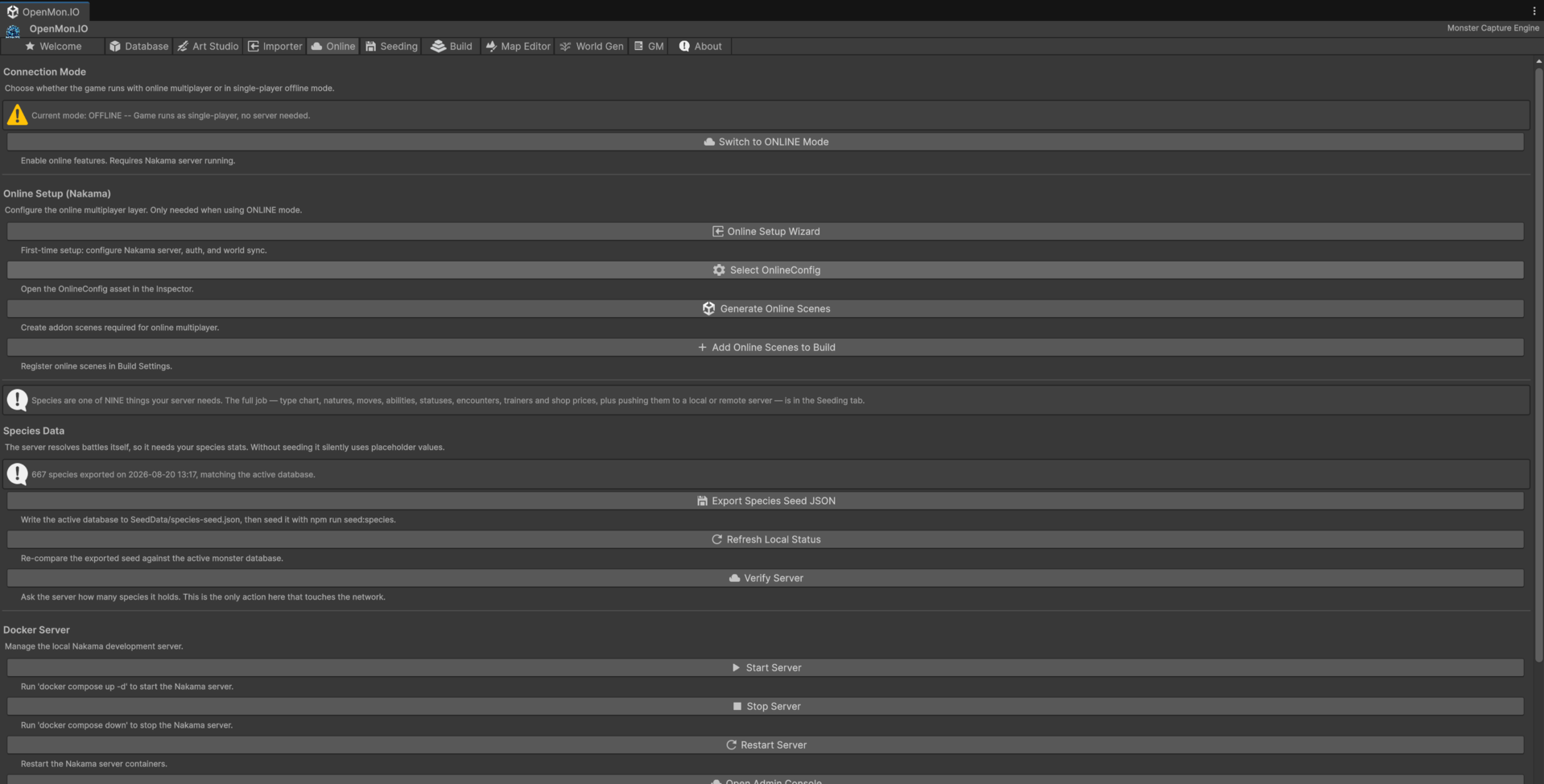 OpenMon Hub Online tab showing connection mode, the Nakama setup wizard, species seed export status, and Docker server controls