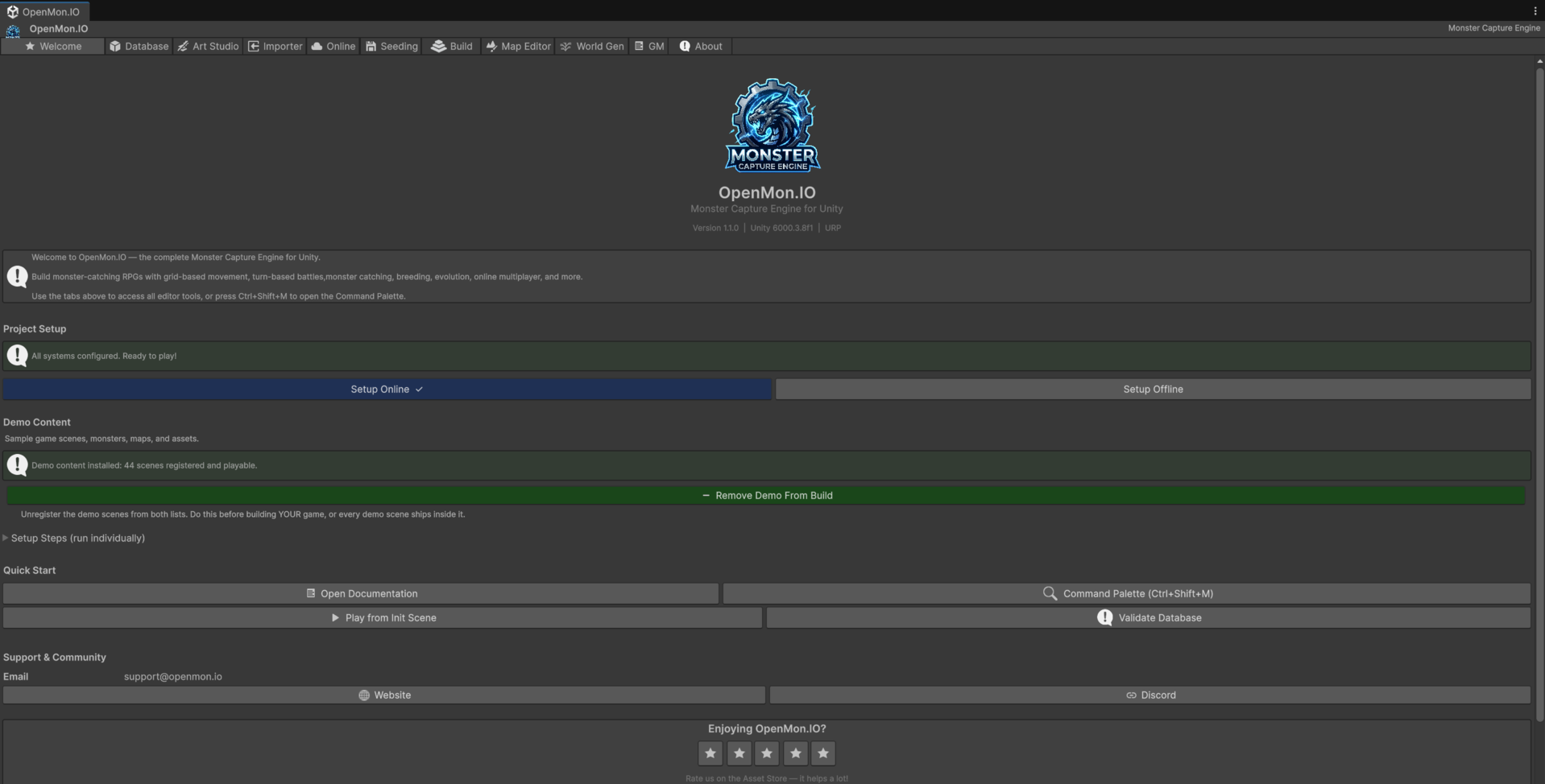 OpenMon Hub Welcome tab: green setup status, Setup Online and Setup Offline buttons, demo content status, and quick-start actions